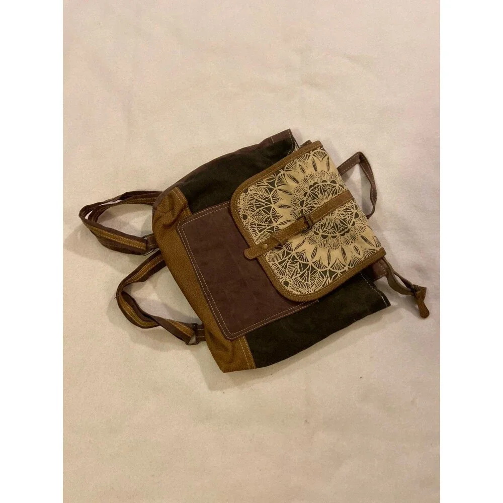 Boho Leather Backpack Mandala Print Flap, Vintage Bag Tribal Pattern Rucksack